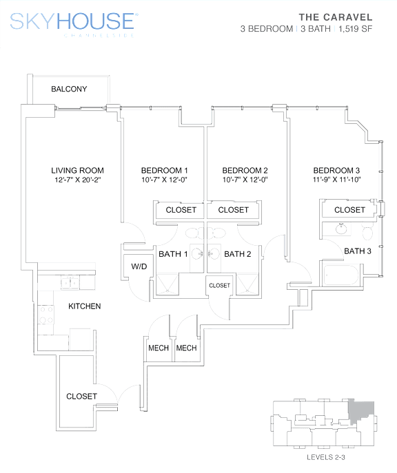 A floor plan for a Skyhouse Channelside shows a living room, three bedrooms, a kitchen, and three bathrooms.