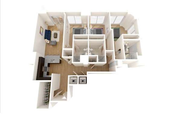 A top-down view of a house layout with a kitchen, living room, and bedrooms.