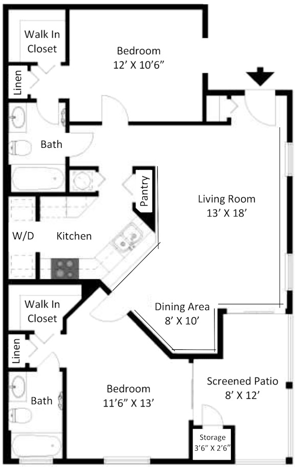 2D floor plan of the Cape Florida two-bedroom, two-bathroom apartment at Providence at Palm Harbor, featuring an open living area, kitchen, two bedrooms, two bathrooms, and generous closet space.