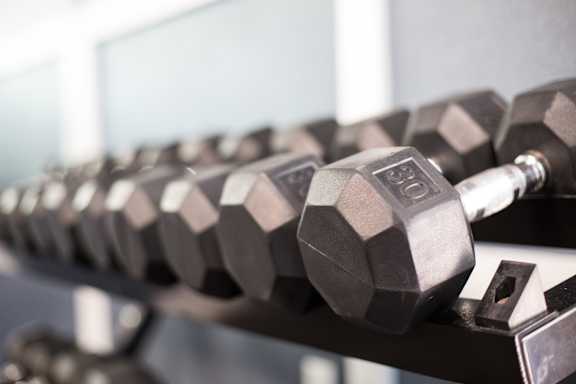 A row of black hexagonal dumbbells are on a rack in a gym.