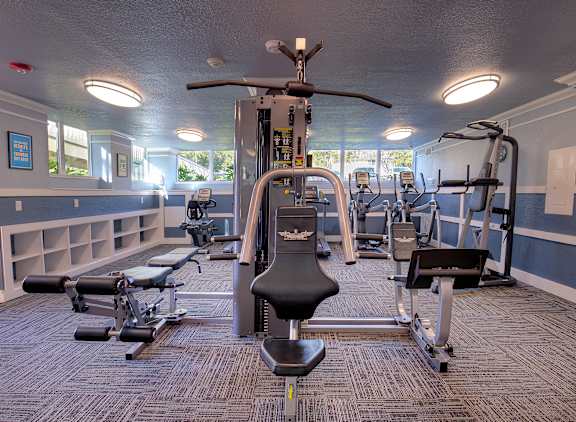 24-hour fitness center at Town Place Apartments featuring cardio equipment, strength machines, and free weights in a bright, indoor workout space.