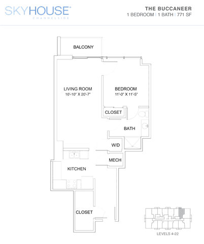 A floor plan for a Skyhouse Cramelide property showing a living room, kitchen, bedroom, and bathroom.
