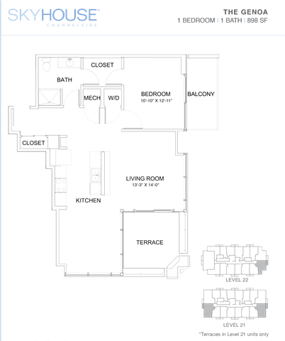 A floor plan of a Skyhouse Channelide residence with a living room, dining room, kitchen, and bathrooms.