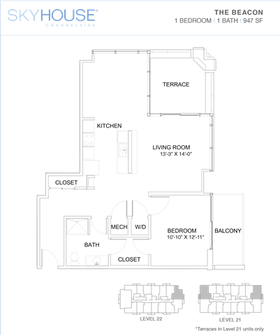 A floor plan of a Skyhouse Charleston residential unit.