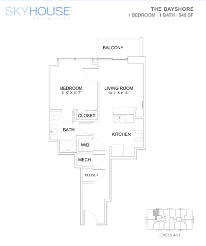 A floor plan of a Skyhouse Channelide apartment layout.