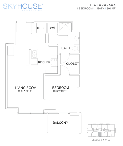 A floor plan for a Skyhouse Chameleon property shows a living room, bedroom, kitchen, bathroom, closet, and balcony.