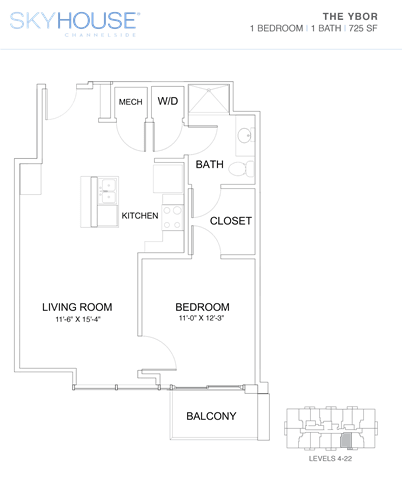 A floor plan of a Skyhouse Grannels residence showing a living room, kitchen, bathroom, bedroom, and balcony.