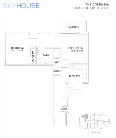 A floor plan of a Skyhouse residence showing a living room, kitchen, bath, and bedroom.