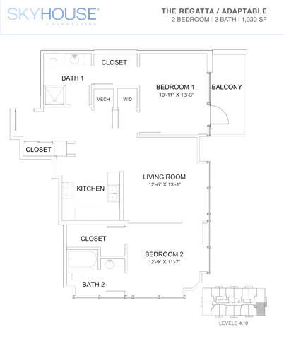 A floor plan for a Skyhouse Chalkslides residence shows two bedrooms, a living room, a kitchen, and two bathrooms.