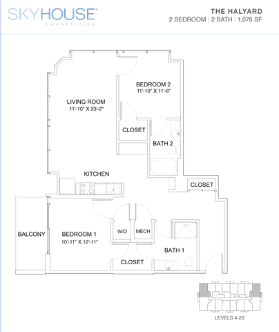 A floor plan for a Skyhouse property shows a living room, two bedrooms, a bathroom, a kitchen, and a closet.