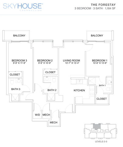 A floor plan of a house with two balconies and three bedrooms.
