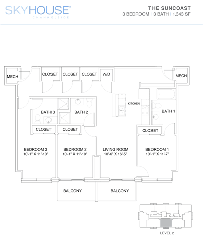A floor plan of a Skyhouse Channelside apartment.