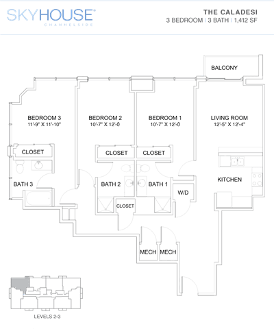 A floor plan of a Skyhouse Charleleids residence with three bedrooms, two bathrooms, a kitchen, a living room, and a balcony.