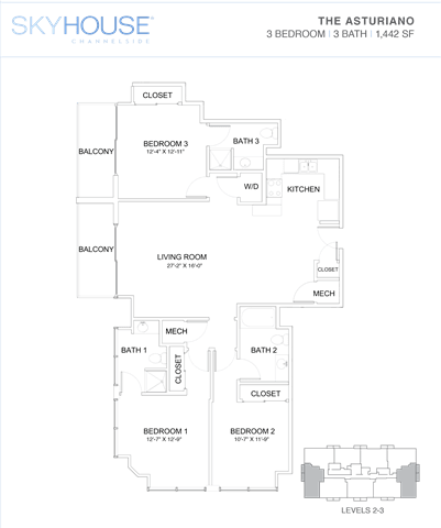 A floor plan of a Skyhouse Channelside property showing the layout of the rooms.