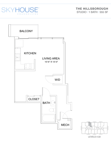 A floor plan for a SkyHouse Chakrasi property shows the layout of the living area, kitchen, bathroom, closet, and mechanical room.