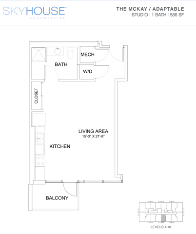 A floor plan of a Skyhouse Charnelife with a living area, kitchen, bathroom, and balcony.