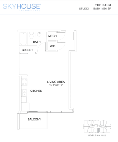 A floor plan for a Skyhouse Charleblades property shows a living area, kitchen, bathroom, and closet.