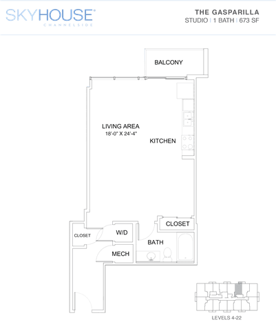 A floor plan for a Skyhouse Chapelride property shows a living area, kitchen, closet, bath, and mech.