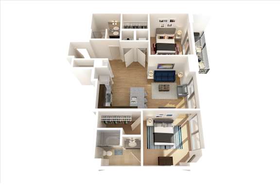 A 3D floor plan of a house showing the layout of the rooms.