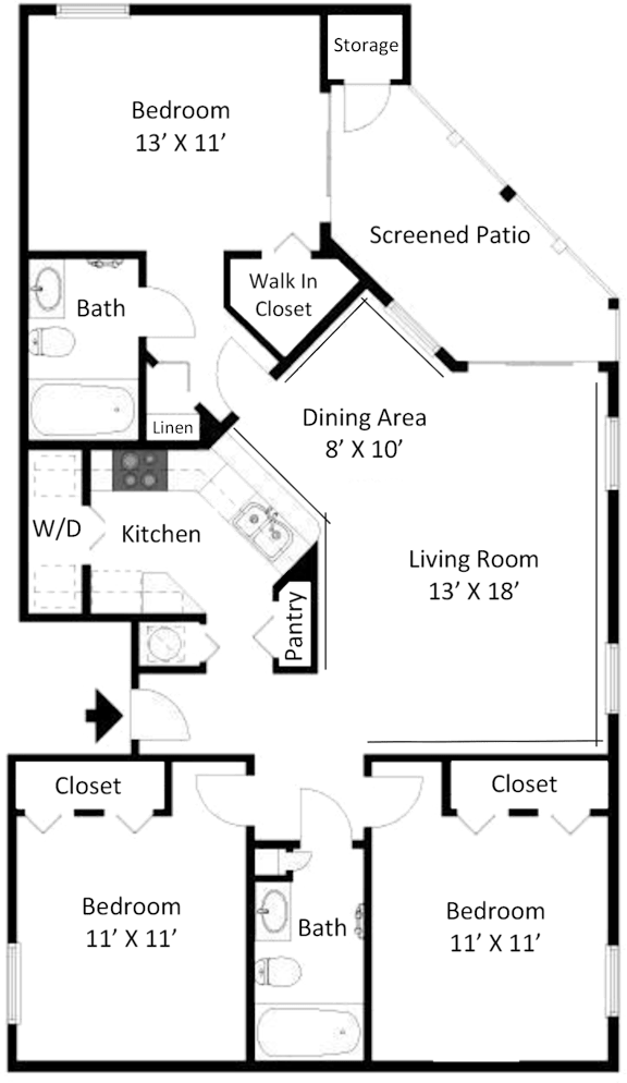 2D floor plan of the Key West three-bedroom, two-bathroom apartment at Providence at Palm Harbor, featuring a spacious living and dining area, kitchen, three bedrooms, two bathrooms, and closets.