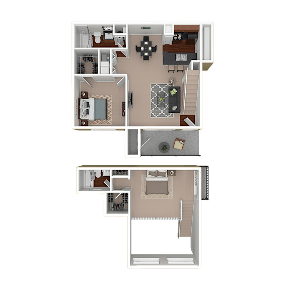 3D furnished rendering of the B1 920-square-foot two-bedroom, two-bath loft apartment at Lincoln Shores Apartments.