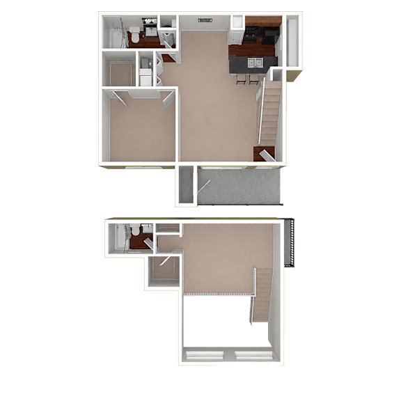 3D unfurnished rendering of the B1 920-square-foot two-bedroom, two-bath loft apartment at Lincoln Shores Apartments.