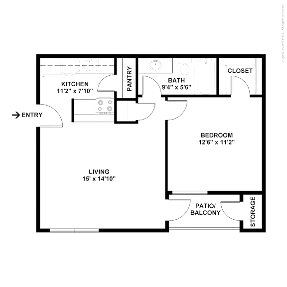 2D floor plan of the A1 Lakeside 550-square-foot one-bedroom, one-bath apartment at Lincoln Shores Apartments.