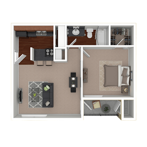 3D furnished rendering of the A1 Lakeside 550-square-foot one-bedroom, one-bath apartment at Lincoln Shores Apartments.