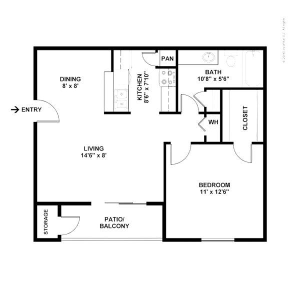 2D floor plan of the A2 650-square-foot one-bedroom, one-bath apartment at Lincoln Shores Apartments.