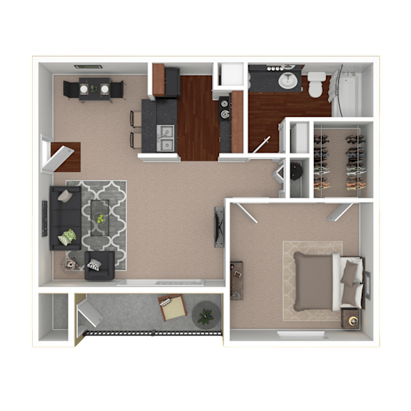 3D furnished rendering of the A2 650-square-foot one-bedroom, one-bath apartment at Lincoln Shores Apartments.