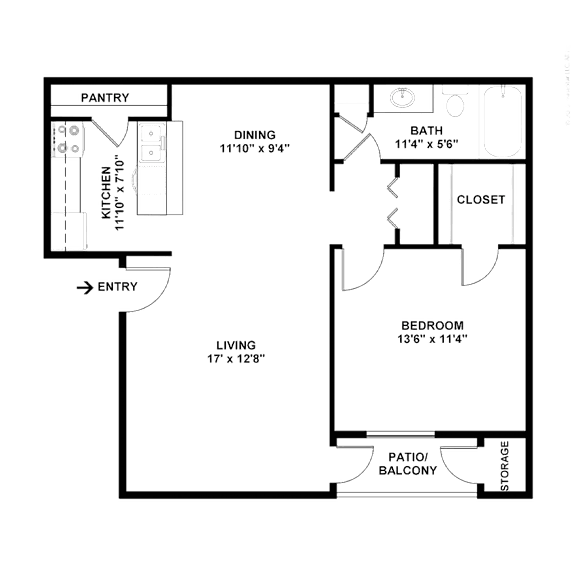 2D floor plan of the A3 750-square-foot one-bedroom, one-bath apartment at Lincoln Shores Apartments.