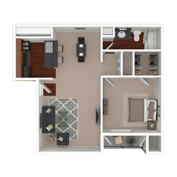 3D furnished rendering of the A3 750-square-foot one-bedroom, one-bath apartment at Lincoln Shores Apartments.