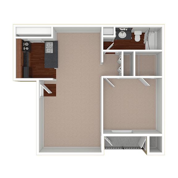 3D unfurnished rendering of the A3 750-square-foot one-bedroom, one-bath apartment at Lincoln Shores Apartments.