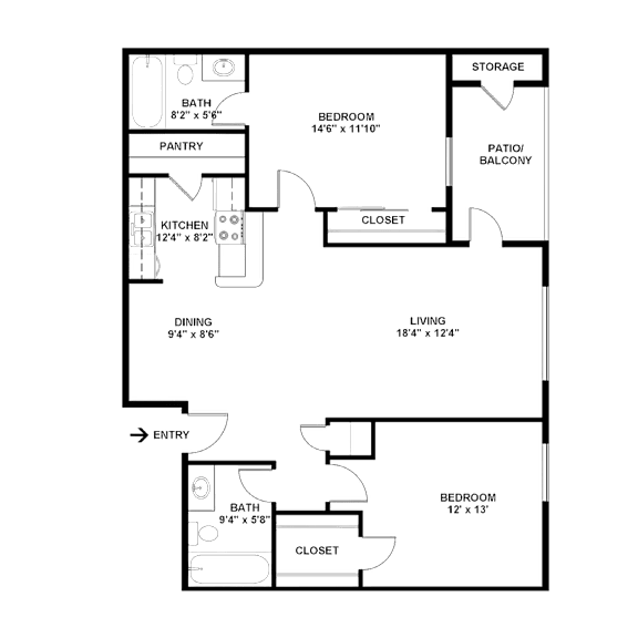 2D floor plan of the B2 1,000-square-foot two-bedroom, two-bath apartment at Lincoln Shores Apartments.