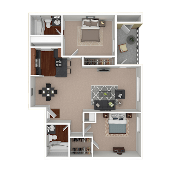 3D furnished rendering of the B2 1,000-square-foot two-bedroom, two-bath apartment at Lincoln Shores Apartments.