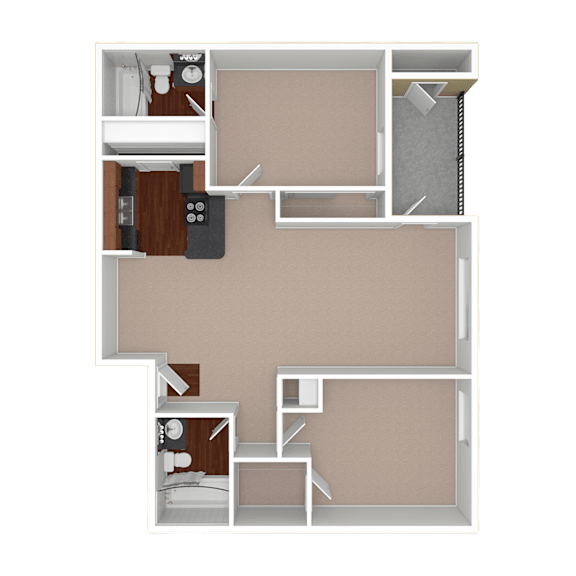 3D unfurnished rendering of the B2 1,000-square-foot two-bedroom, two-bath apartment at Lincoln Shores Apartments.