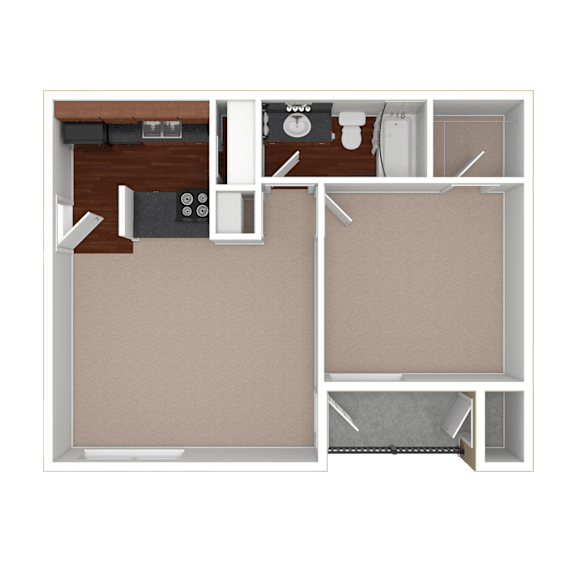3D unfurnished rendering of the A1 Lakeside 550-square-foot one-bedroom, one-bath apartment at Lincoln Shores Apartments.