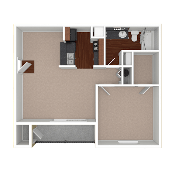 3D unfurnished rendering of the A2 650-square-foot one-bedroom, one-bath apartment at Lincoln Shores Apartments.