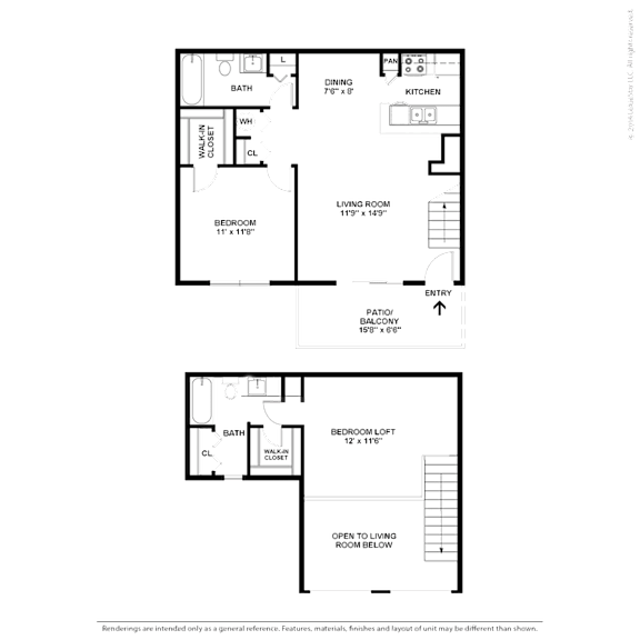 2D floor plan of the B1 920-square-foot two-bedroom, two-bath loft apartment at Lincoln Shores Apartments.