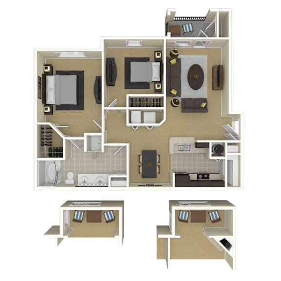 3D furnished rendering of the B1 Hibiscus 1,055-square-foot two-bedroom, one-bath apartment with patio and balcony at Windsor Club at Legacy Park.