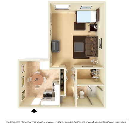 A drawing of a small apartment with a kitchen, living room, and bathroom.
