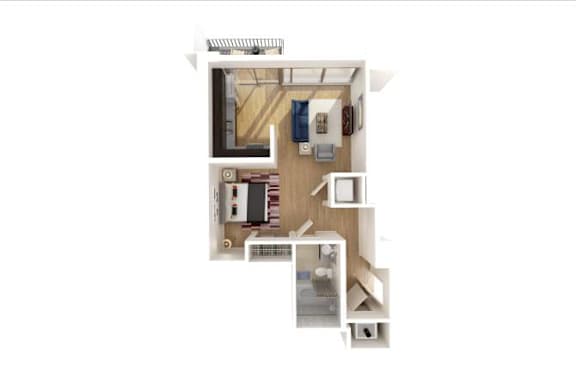 A top-down view of a small apartment with a kitchen, living room, and bedroom.