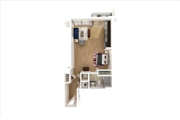 A top down view of a small apartment with a kitchen, living room, and bathroom.