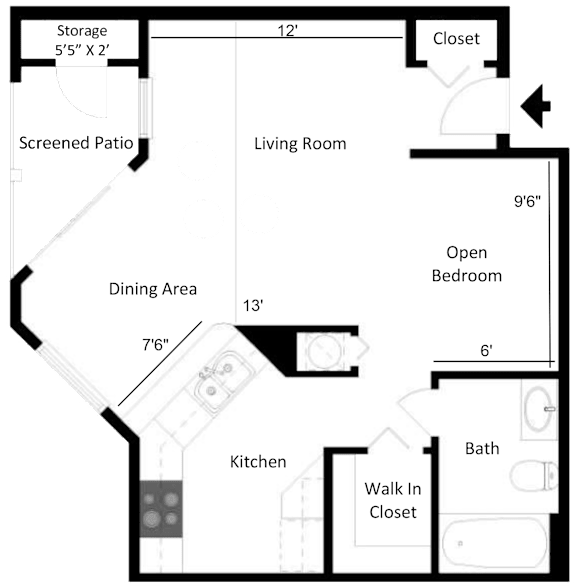2D floor plan of the Sanibel studio at Providence at Palm Harbor, showing the open living and sleeping area, kitchen, bathroom, closets, and entry.