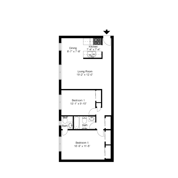 2D floor plan of the B1 Elm 800-square-foot two-bedroom, one-and-a-half-bath apartment at Society Hill at Lehigh Park Apartments.