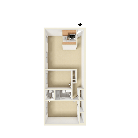 3D unfurnished rendering of the B1 Elm 800-square-foot two-bedroom, one-and-a-half-bath apartment at Society Hill at Lehigh Park Apartments.