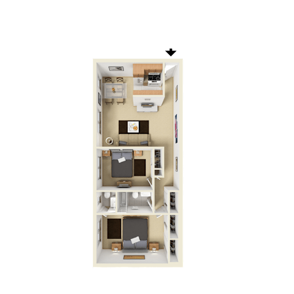 3D furnished rendering of the B1 Elm 800-square-foot two-bedroom, one-and-a-half-bath apartment at Society Hill at Lehigh Park Apartments.