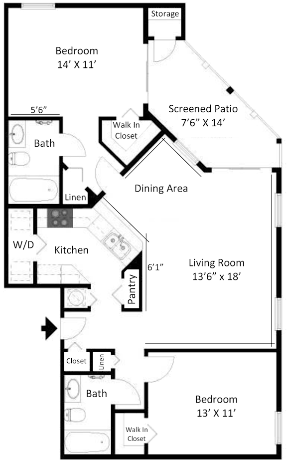 2D floor plan of the St. Marks two-bedroom, two-bathroom apartment at Providence at Palm Harbor, showing the open living and dining area, kitchen, bedrooms, bathrooms, and closets.