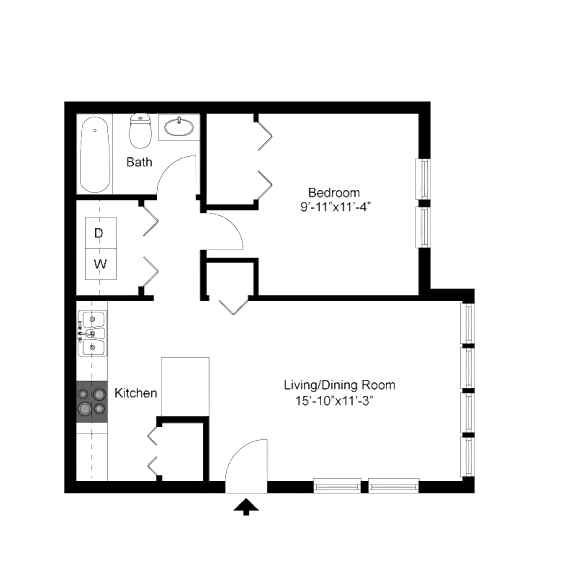 2D floor plan of the A1 Cambridge 540-square-foot one-bedroom, one-bath apartment at Town Place Apartments.