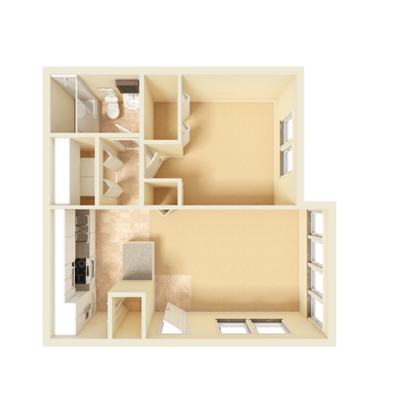 3D unfurnished rendering of the A1 Cambridge 540-square-foot one-bedroom, one-bath apartment at Town Place Apartments.